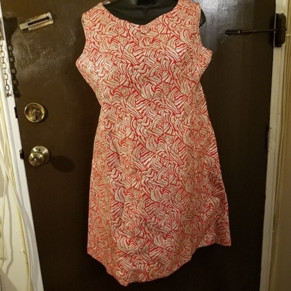 Vintage 60s Red Gold Metallic Sheath Dress Christmas